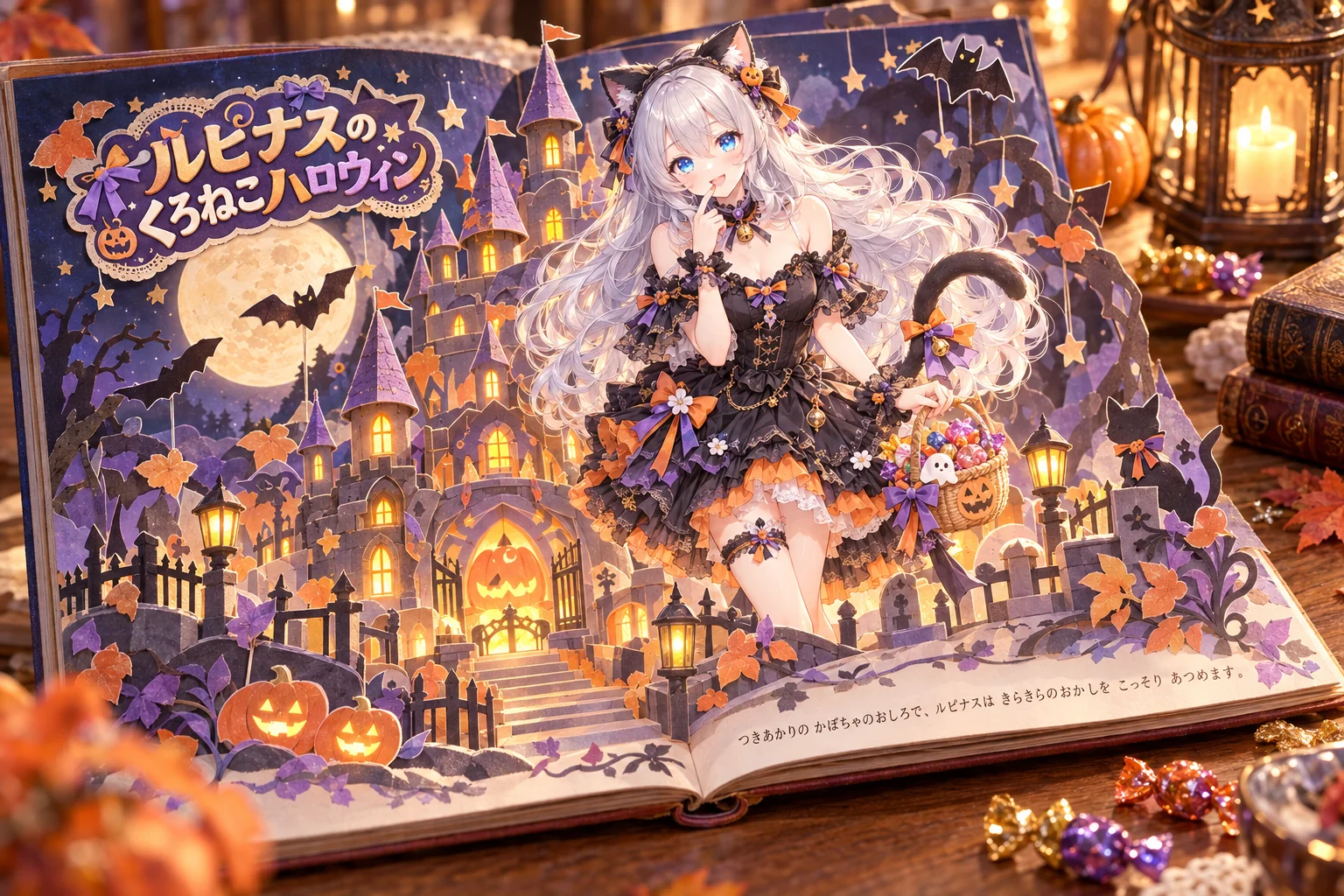 名前「ルピナス」・ハロウィンの仮装「黒猫」（テーマカラー・服・背景・ポーズは空欄）＝猫の耳としっぽと鈴・題名「ルピナスの くろねこハロウィン」