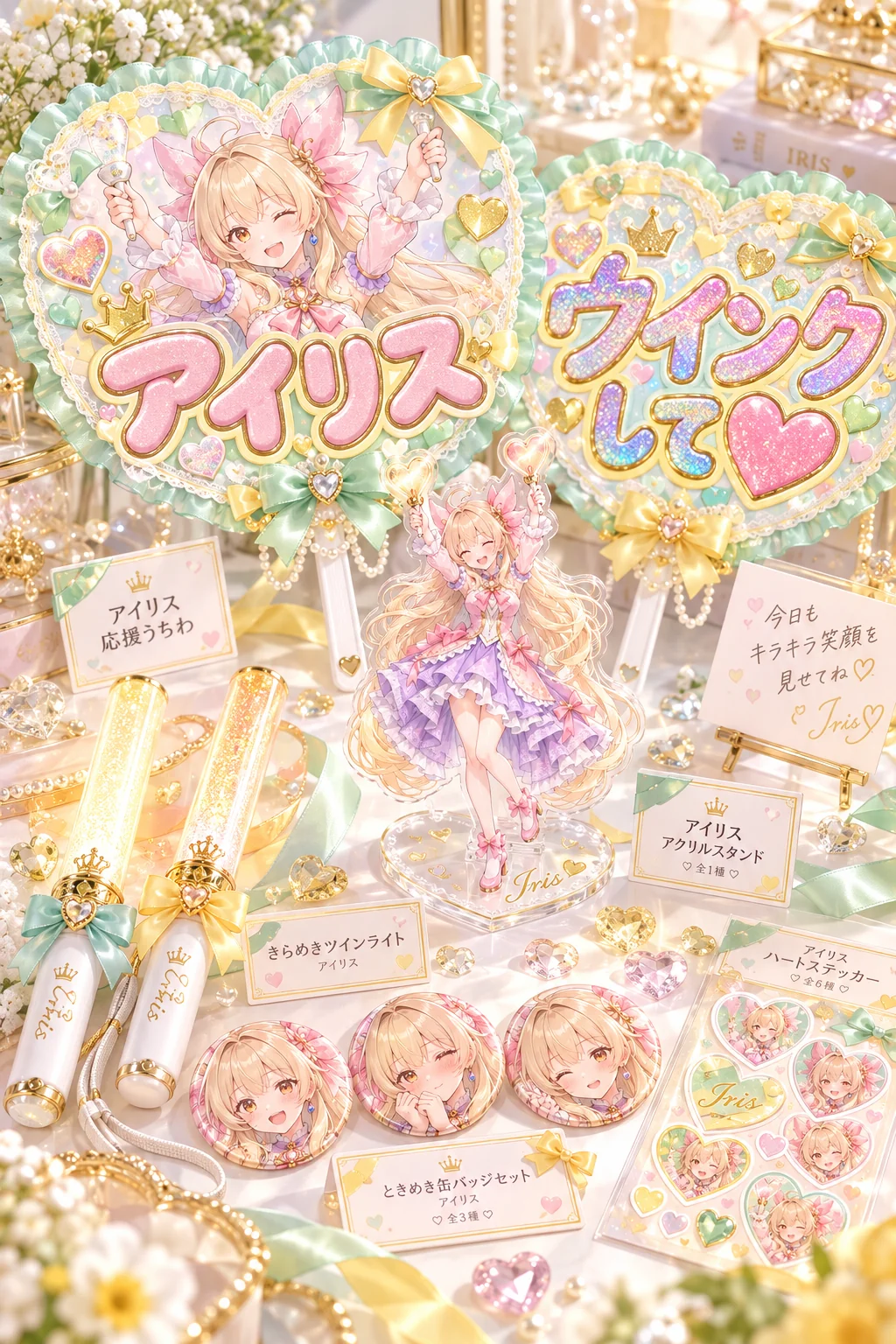 名前「アイリス」・テーマカラー「ミントグリーンとレモンイエロー」・ポーズ「うちわを両手で高く掲げて、片目をつぶっている」(服・背景は空欄)=うちわは「アイリス」と「ウインクして♡」、札は「アイリス応援うちわ」「きらめきツインライト」、カードには「今日もキラキラ笑顔を見せてね♡」