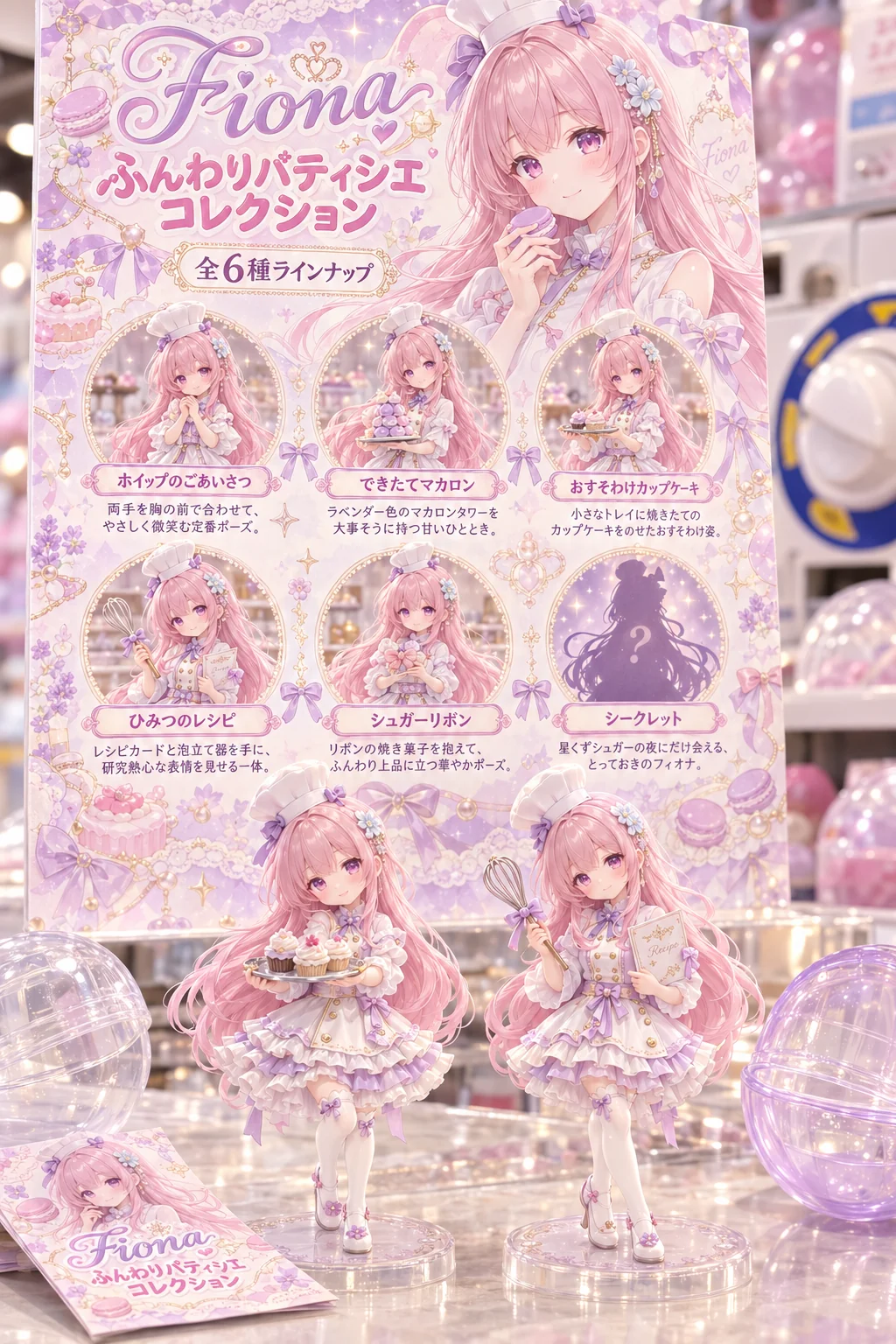 名前「フィオナ」・テーマカラー「ラベンダーとミルクホワイト」・服「パティシエの白いコックコートと、小さなコック帽」(背景・ポーズは空欄)=シリーズは「ふんわりパティシエコレクション」、全6種は「ホイップのごあいさつ」「できたてマカロン」など