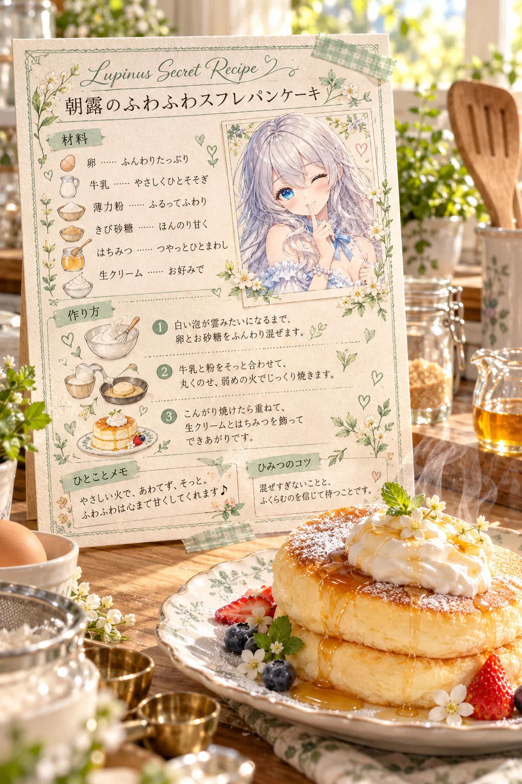 名前「Lupinus」・テーマカラー「ミントグリーンと生成り」・ポーズ・追加の指示「料理はふわふわのスフレパンケーキ」(服・背景は空欄)=料理は「朝露のふわふわスフレパンケーキ」、ひとことメモは「やさしい火で、あわてず、そっと。」
