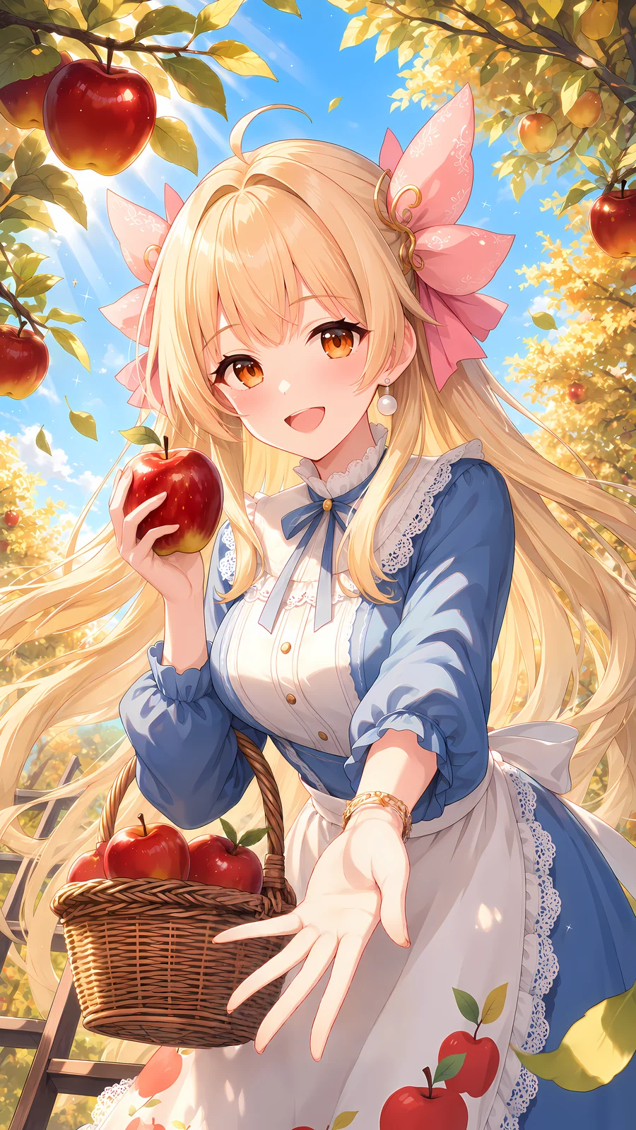 同じ B のプロンプトをアイリスの LoRA で(アイリスはいつものピンクの髪飾りが決まりなので、シーンの hair ribbon と blue ribbon だけ外した)。りんごを片手に、もう片方の手をこちらへのばす