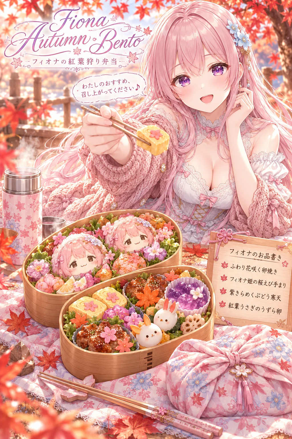 名前「フィオナ」だけ(ほかの欄は空欄)=お品書きは「ふわり花咲く卵焼き」「フィオナ姫の桜えび手まり」「紫きらめくぶどう寒天」「紅葉うさぎのうずら卵」。お箸の卵焼きを「あーん」と差し出す形・お弁当にはフィオナの顔のおにぎりが2つ