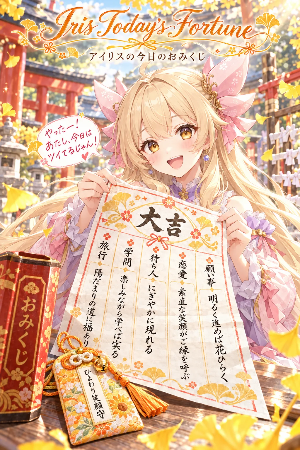 名前「Iris」・テーマカラー「ひまわりの黄色とオレンジ」・ポーズ・追加の指示「吹き出しは一人称「あたし」で、元気なタメ口に」（服・背景は空欄）＝ロゴも見出しも「Iris」の綴りに。お守りは「ひまわり笑顔守」、待ち人は「にぎやかに現れる」