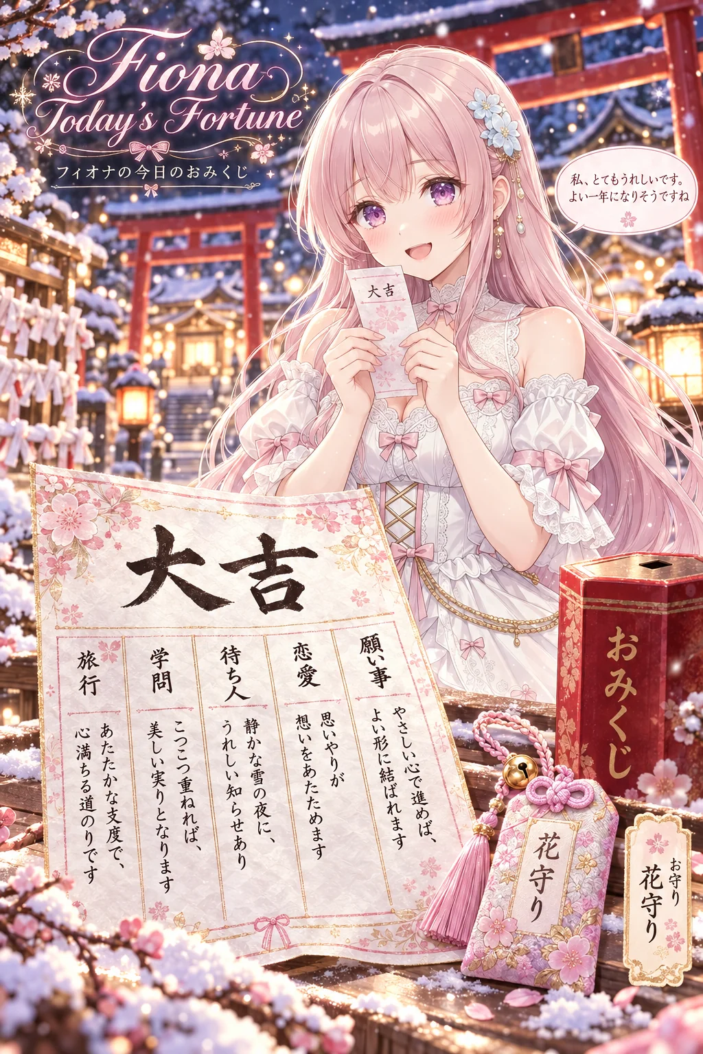 名前「フィオナ」・背景「雪の積もった冬の夜の神社（初詣）」・ポーズ・追加の指示「吹き出しは一人称「私」で、やさしい丁寧語に」（ほかの欄は空欄）＝背景が雪の夜の初詣に変わり、お守りは「花守り」。吹き出しは「私、とてもうれしいです。よい一年になりそうですね」