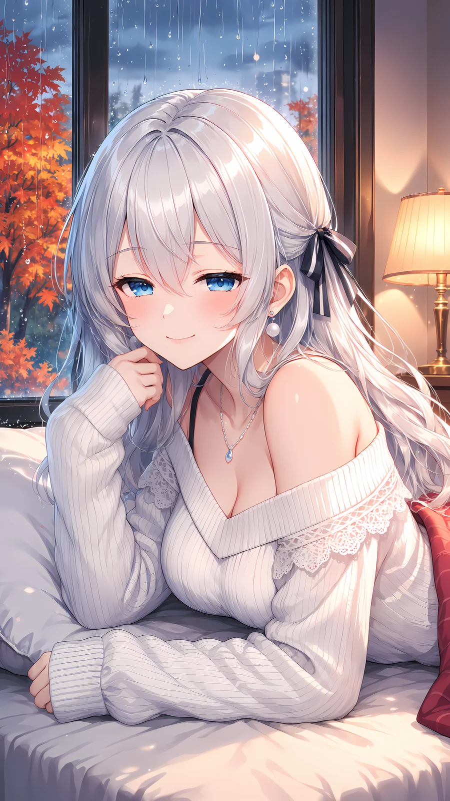 ルピナスの LoRA で焼いた作例(B のプロンプト)。雨粒のついた窓と紅葉を背に、クッションに寝そべって、指先をあごに添えてとろんと微笑んでいます。白いリブニットのレースと、真珠のイヤリングがランプの光にきらり