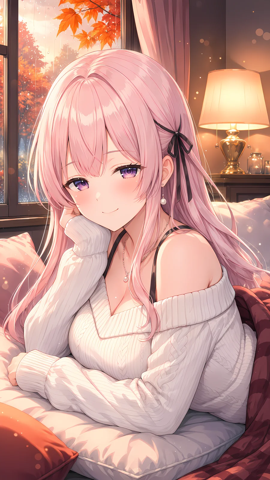 同じプロンプトをフィオナの LoRA で。ピンクの髪に黒いリボン(プロンプトの hair ribbon が出て、いつもの髪のお花の代わりになりました)、袖口に頬をうずめてやさしく微笑んでいます