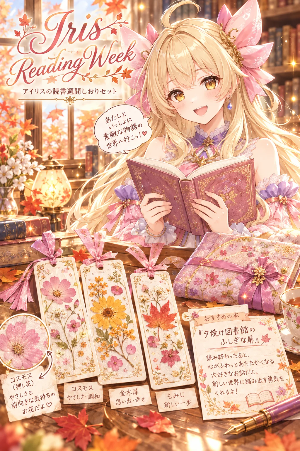 名前「アイリス」だけ(ほかの欄は空欄)=押し花はコスモス・金木犀・もみじの3枚で、花言葉の札つき。おすすめの本は『夕焼け図書館のふしぎな扉』、感想は「新しい世界に踏み出す勇気をくれるよ!」。吹き出しは「あたしといっしょに素敵な物語の世界へ行こっ!」