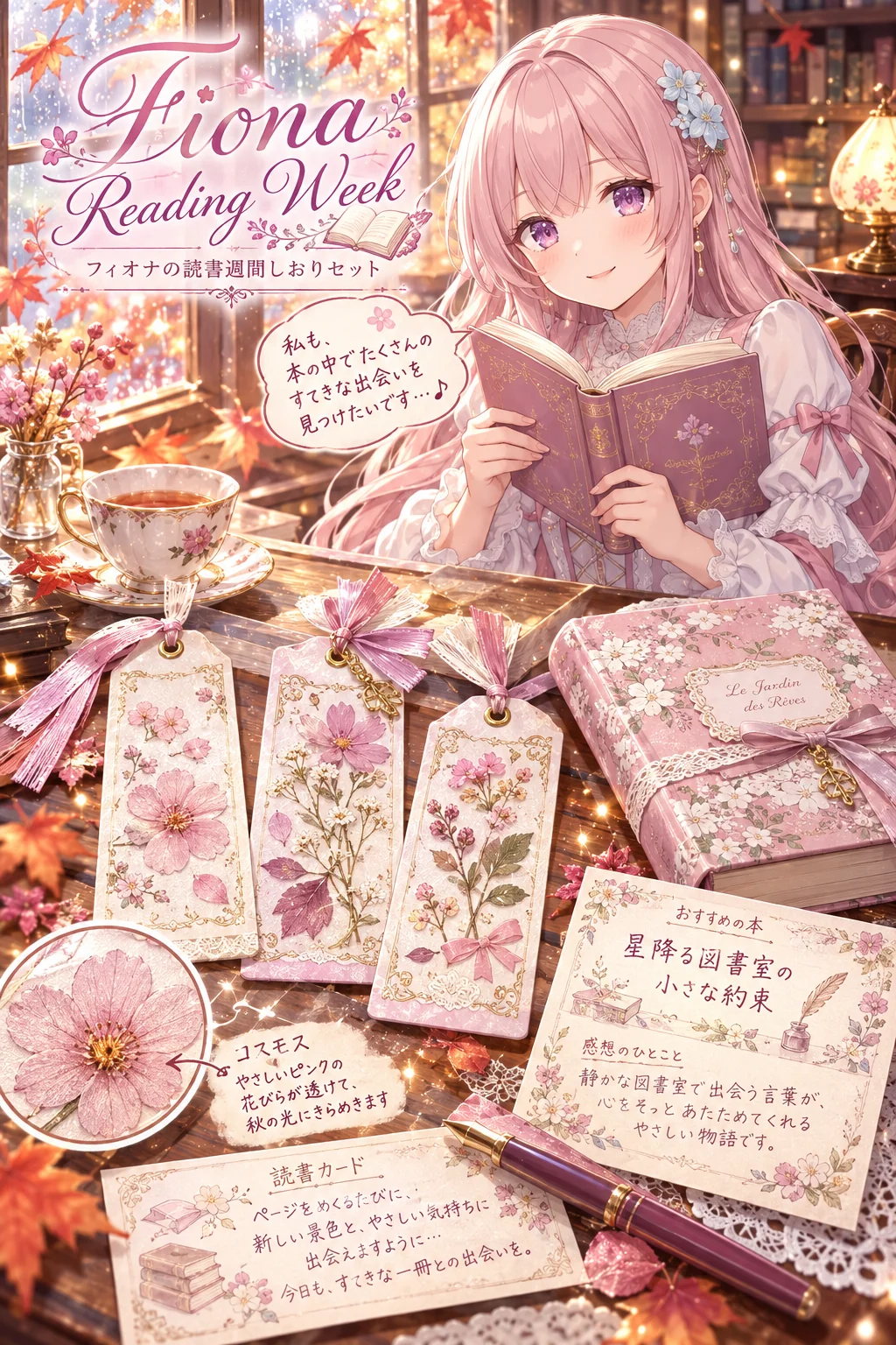 名前「フィオナ」・背景「雨の日の図書館の窓辺」・ポーズ・追加の指示「吹き出しは一人称「私」で、やさしい丁寧語に」(ほかの欄は空欄)=窓に雨粒、奥に本棚の窓辺に。押し花はコスモス、おすすめの本は「星降る図書室の小さな約束」。吹き出しは「私も、本の中でたくさんのすてきな出会いを見つけたいです…♪」
