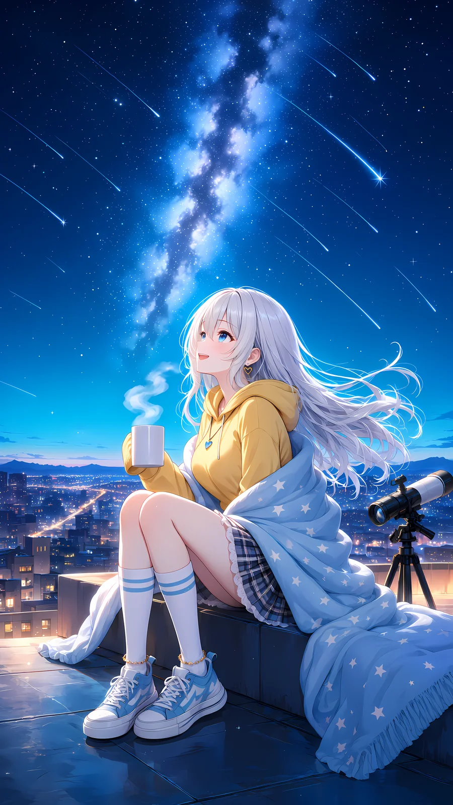 同じプロンプトをルピナスの LoRA で。銀色の髪を夜風になびかせて、青い瞳で天の川を見上げてにっこり。白に青いラインのソックスと水色のスニーカーです