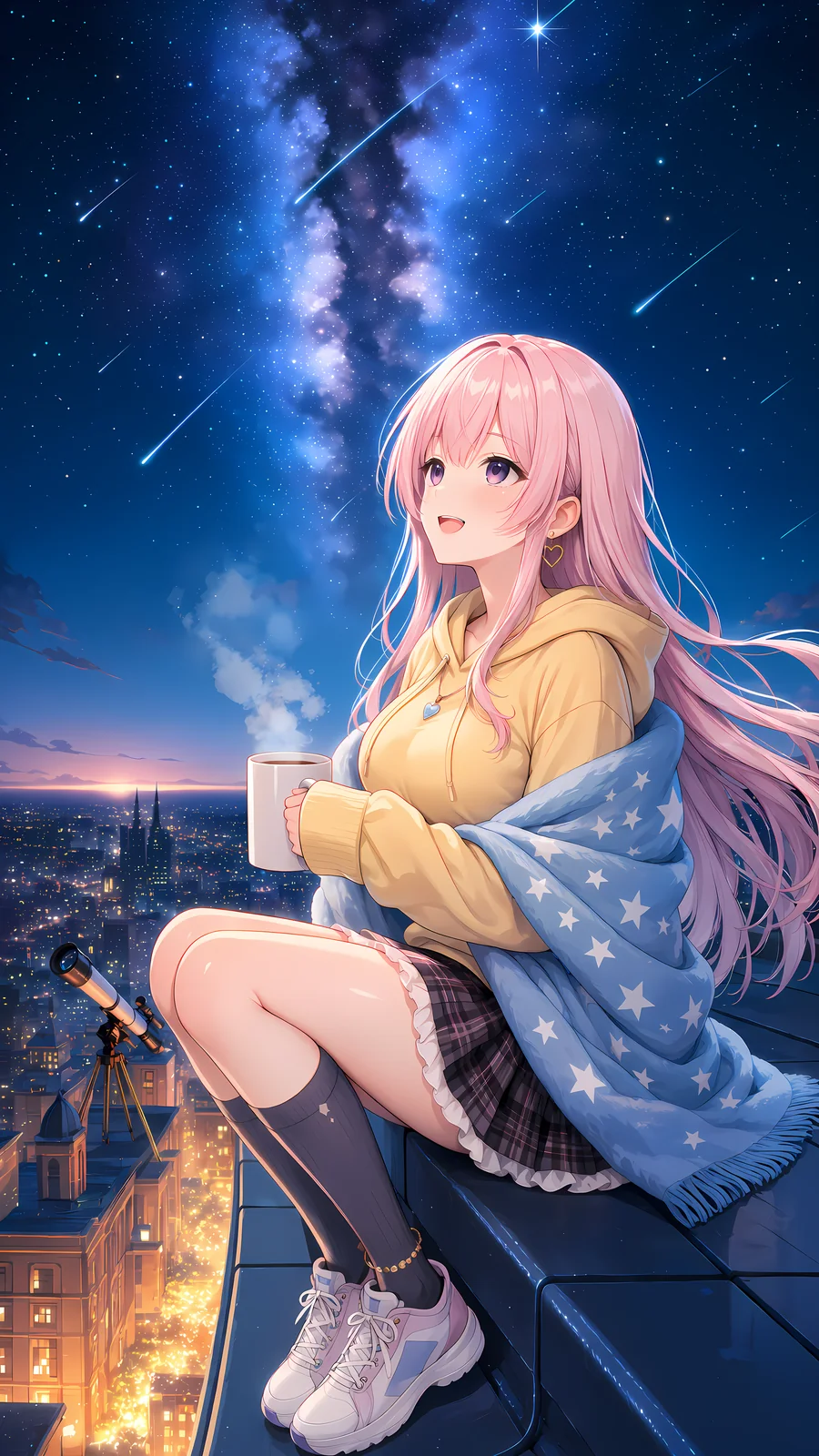 同じプロンプトをフィオナの LoRA で。ピンクの長い髪を毛布に流して、両手でマグを包んで夜空にうっとり。遠くの街の灯りがきらきら