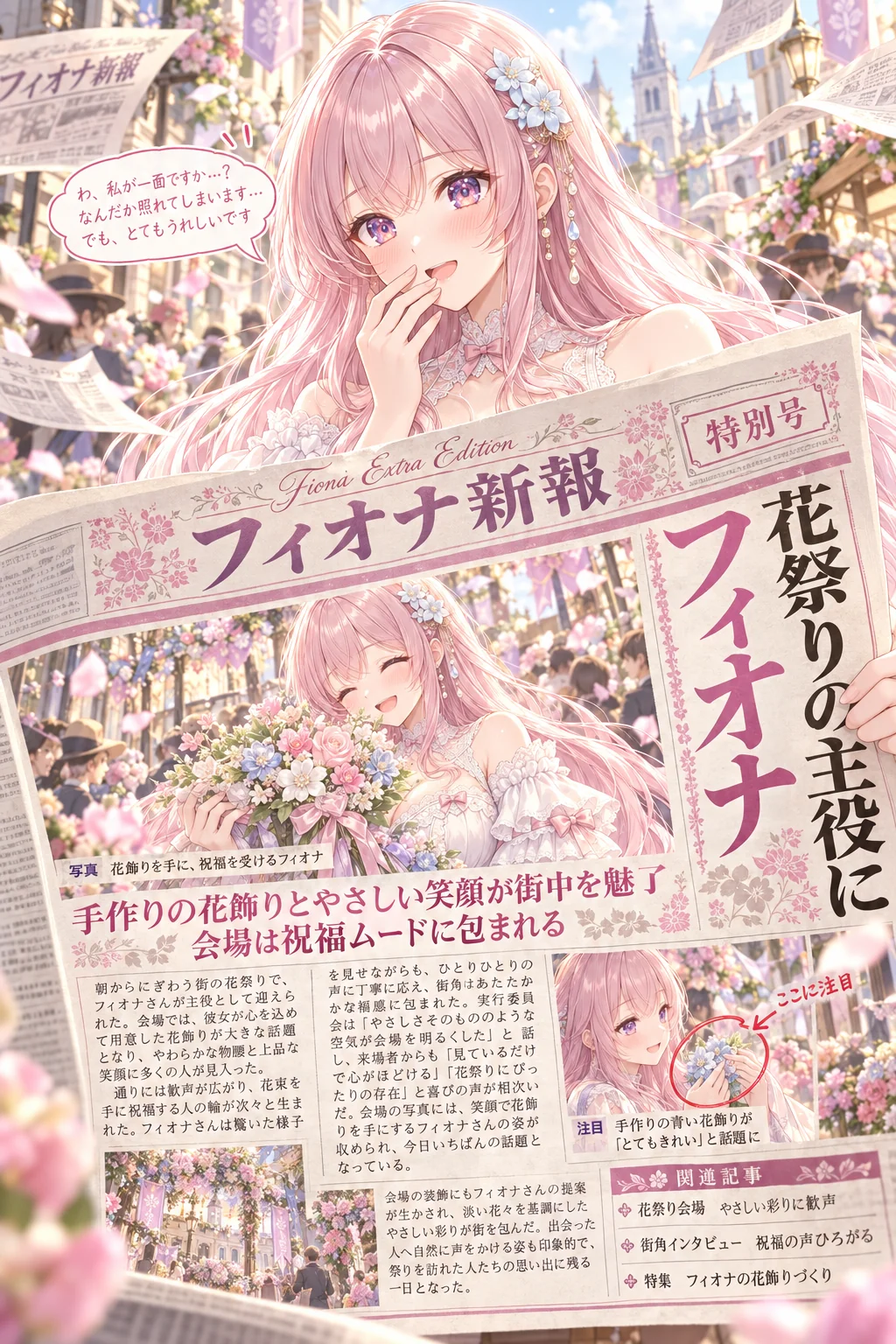 名前「フィオナ」だけ（ほかの欄は空欄）＝新聞の名前は「フィオナ新報」、大見出しは「花祭りの主役に フィオナ」。手作りの花飾りとやさしい笑顔が街中を魅了した、という記事に、赤丸の「ここに注目」の注釈まで。吹き出しは「わ、私が一面ですか…？ なんだか照れてしまいます… でも、とてもうれしいです」