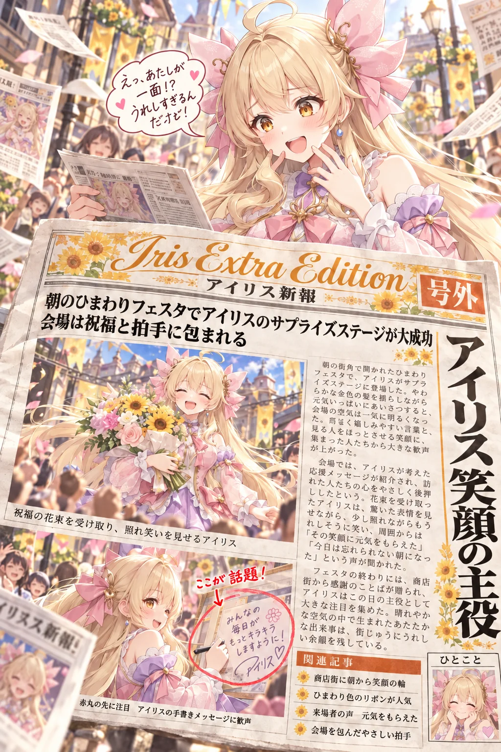 名前「Iris」・テーマカラー「ひまわりの黄色とオレンジ」・ポーズ・追加の指示「吹き出しは一人称「あたし」で、元気なタメ口に」（服・背景は空欄）＝ロゴは「Iris Extra Edition」、新聞の名前はカタカナで「アイリス新報」。ニュースは「朝のひまわりフェスタでサプライズステージが大成功」。吹き出しは「えっ、あたしが一面！？ うれしすぎるんだけど！」