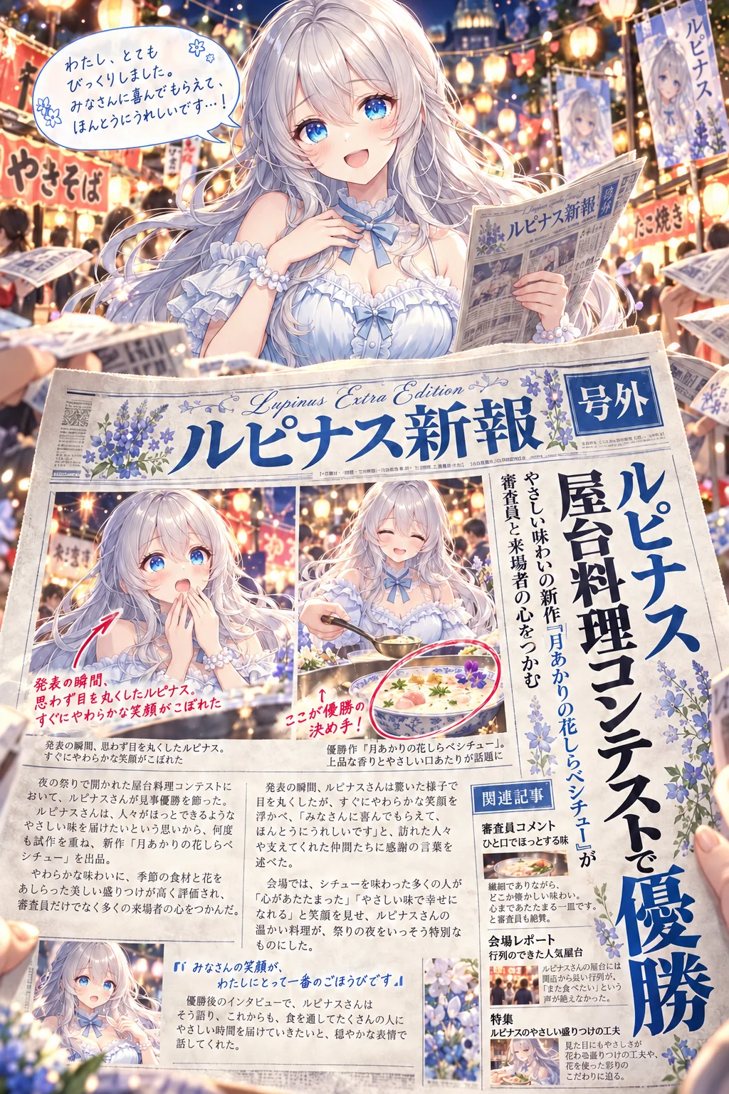 名前「ルピナス」・背景「夜のお祭りの屋台の並ぶ通り」・ポーズ・追加の指示「号外のニュースはお料理コンテストで優勝したこと。吹き出しは一人称「わたし」で、やさしいお姉さんの話し方に」（ほかの欄は空欄）＝夜店ののれんが並ぶ通りに。大見出しは「ルピナス 屋台料理コンテストで優勝」、優勝作は「月あかりの花しらべシチュー」