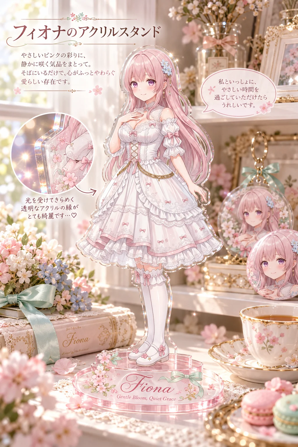 名前「Fiona」・テーマカラー「桜色とミントグリーン」・ポーズ・追加の指示「吹き出しは一人称「私」で、やさしい丁寧語に」（服・背景は空欄）＝桜色の透明な台座にミントのリボン。決めゼリフは英語で「Gentle Bloom, Quiet Grace」、見出しはカタカナで「フィオナのアクリルスタンド」。吹き出しは「私といっしょに、やさしい時間を過ごしていただけたらうれしいです。」