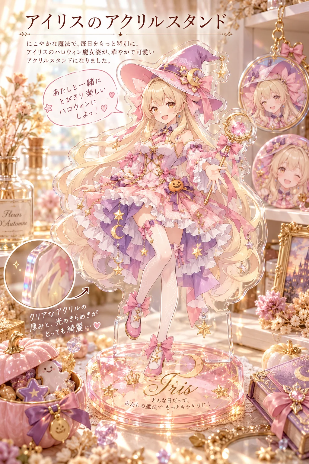 名前「アイリス」・ポーズ・追加の指示「アクリルスタンドのテーマはハロウィンの魔女の衣装。吹き出しは一人称「あたし」で、元気なタメ口に」（ほかの欄は空欄）＝魔女の帽子と月の杖、かぼちゃの飾りの衣装に。台座には筆記体の「Iris」と「どんな日だって、あたしの魔法でもっとキラキラに！」。吹き出しは「あたしと一緒にとびきり楽しいハロウィンにしよっ！」
