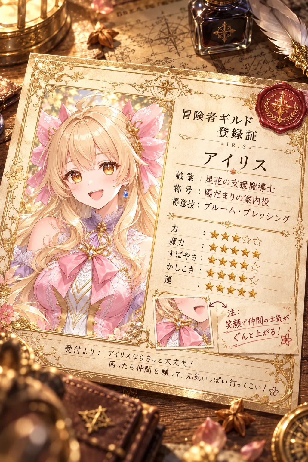 名前「アイリス」・ポーズ・追加の指示「受付のひとことは元気なタメ口に」（ほかの欄は空欄）＝職業「星花の支援魔導士」、称号「陽だまりの案内役」、得意技「ブルーム・ブレッシング」。すばやさと運が星5つ。小窓の注釈は「笑顔で仲間の士気がぐんと上がる！」、受付からは「困ったら仲間を頼って、元気いっぱい行ってこい！」