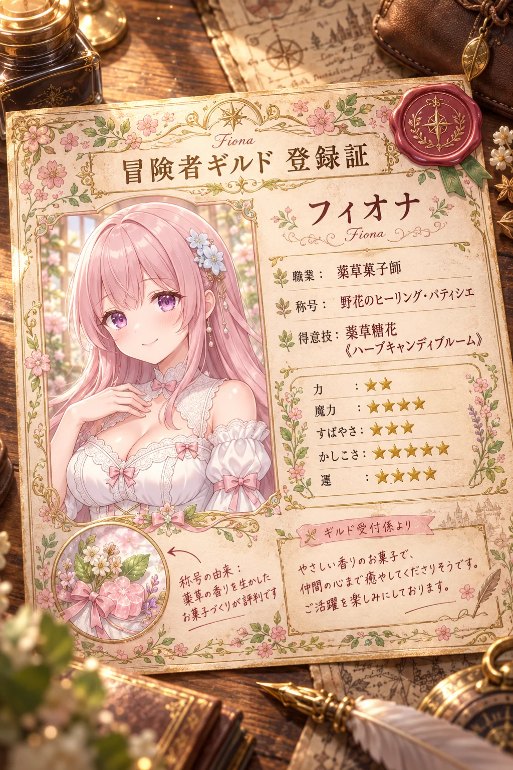 名前「Fiona」・テーマカラー「桜色と若草色」・ポーズ・追加の指示「職業のテーマは薬草のお菓子屋さん。受付のひとことは丁寧語に」＝職業「薬草菓子師」、称号「野花のヒーリング・パティシエ」、得意技「薬草糖花《ハーブキャンディブルーム》」。かしこさが星5つ。カードの縁が花のつる模様に